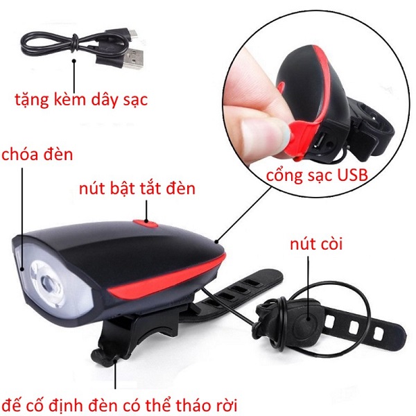 Đèn xe đạp có còi sạc usb chống nước giá tốt P134